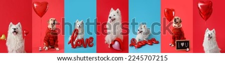 Collage with cute dogs and balloons on color background. Valentine's Day celebration Royalty-Free Stock Photo #2245707215
