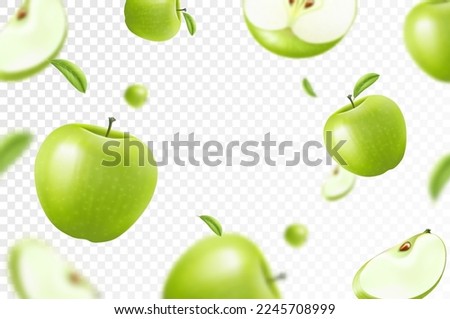 Apple background. Flying whole, half and slices of fresh apples. With blurry effect. Can be used for wallpaper, banner, poster, print, fabric, wrapping paper. Realistic 3d vector illustration. Royalty-Free Stock Photo #2245708999