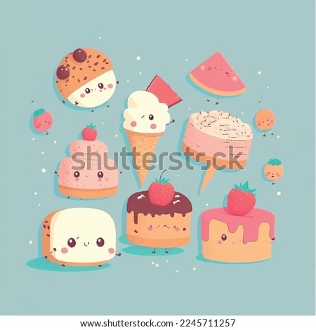 Adorable kiddy cartoon cute funny dessert pastries pastry, sweets cupcake lolly, cake, ice cream, muzzle with pink cheeks and winking eyes, Vector, collection set, children illustration, wallpaper