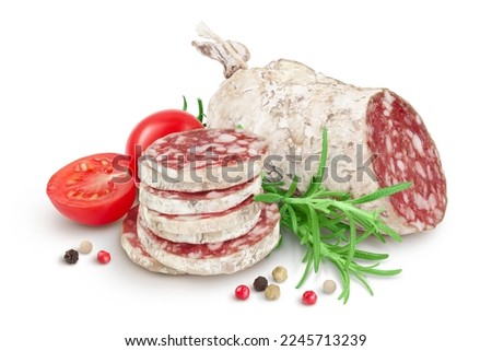 Cured salami sausage slices isolated on white background. Italian cuisine with full depth of field