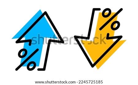 Percent with arrows up and down. Arrow with percentage icon. Increasing and reduction percentage. Growing and decline percent. Element for business, banking, credit, interest rate, finance sphere