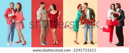 Collage with happy young couples on color background. Valentine's Day celebration Royalty-Free Stock Photo #2245731611