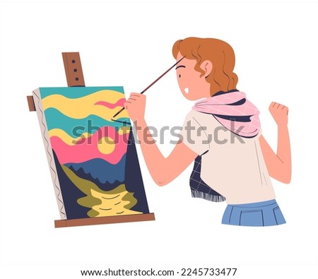 Woman Character Drawing Nature Landscape with Easel and Brush on Canvas Vector Illustration