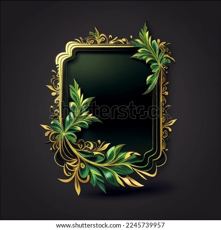 Invitation card background green leaf gold template; artistic covers design; colorful texture; geometric Leafy frame with gold ornaments graphic poster; brochure; Vector design with space for text