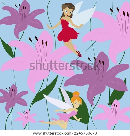 Vector flat illustration with cute magical fairies flying among fragrant flowers for kids
