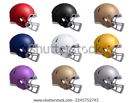 Football helmets side view in multiple colors isolated on white Royalty-Free Stock Photo #2245752743