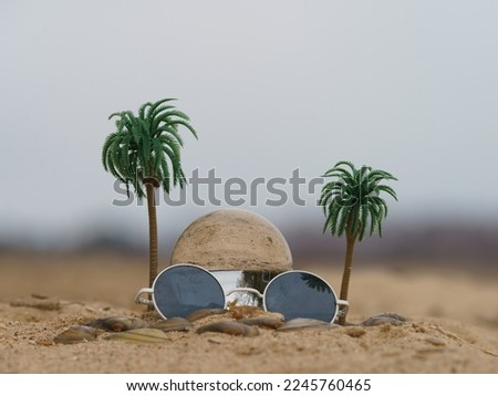 Photography of artificial palm trees and sunglasses on the beach. Beautiful sandy beach. The idea of summer holidays and vacation. Defocused natural background