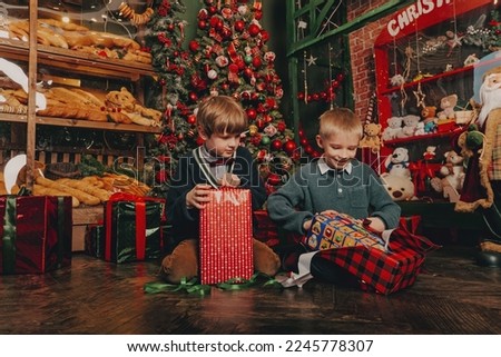 Boys under decorated christmas tree