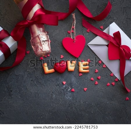 romantic  valentines day background, hearts with present gift over dark background