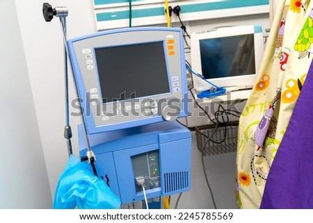 Monitor screen of medical equipment. Proffesional hospital device in modern hospital ward.