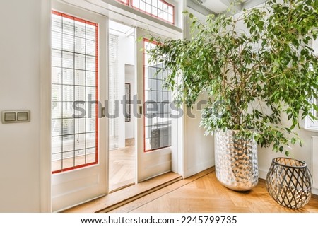 a plant in a vase next to a white door with red trim on the glass and side paneled windows Royalty-Free Stock Photo #2245799735