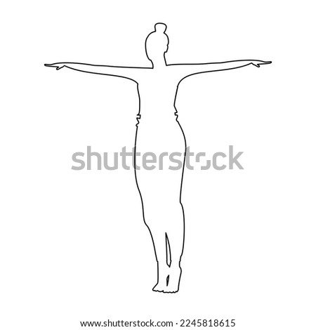 Contour drawing of a woman doing yoga with arms raised in different directions at shoulder level