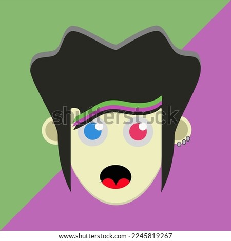 Funny emo kid head illustration isolated on green and purple background. Perfect for emo concepts and icons.