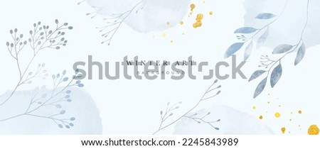 Winter botanical watercolor leaf branches background vector illustration. Hand painted watercolor winter wild foliage and gold brush texture. Design for poster, wallpaper, banner, card, decoration. Royalty-Free Stock Photo #2245843989