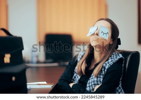 
Tired and Bored Office Worker Feeling Sleepy and Silly
Funny businesswoman being bored playing with sticky notes
