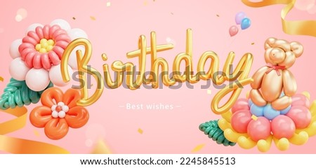 3D illustrated birthday banner. Beautiful flowers, bear and birthday balloon art on pink background with confetti and ribbon.