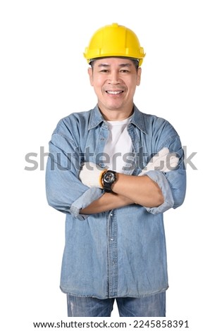 Portrait of Asian tradesman smiling and crossed arms isolated on white background.