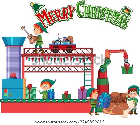 Merry Christmas text with elves making Christmas present illustration