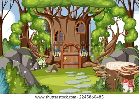 Fairytale tree house in the forest illustration