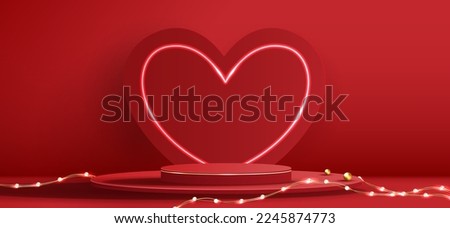 Red podium display background products for valentine’s day in love platform. stand to show cosmetic with craft style. symbols of love for happy. vector design.