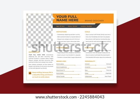 User Persona Document Template Vector Illustration. Examples of User Personas template. Persona Document. Persona Template for UI UX designer. User Persona vector horizontal template with blue color.
