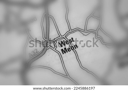 West Meon village, Hampshire, United Kingdom atlas map town name - black and white tilt-shift