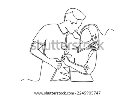 Continuous one line drawing Happy couple holding heart balloons. Wedding Concept. Single line draw design vector graphic illustration.