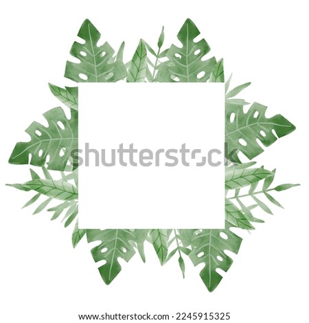 Tropical leaves frame watercolor. Jungle leaves watercolor banner. Monstera, palm leaves. Hand painted illustration isolated on white background. Wedding postcard clip art, Logo element.