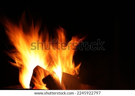 Beautiful bright bonfire with burning wood outdoors at night, space for text Royalty-Free Stock Photo #2245922797
