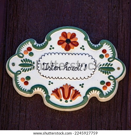 Vintage traditional ceramic door sign from transylvanian. Isten Hozott! "Welcome"