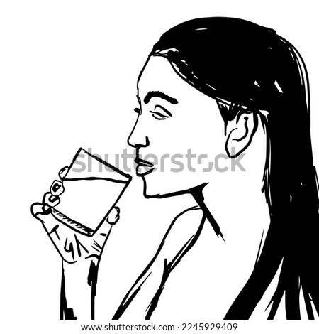 woman drinking a glass of water hand drawn on white background. isolated vector illustration.

