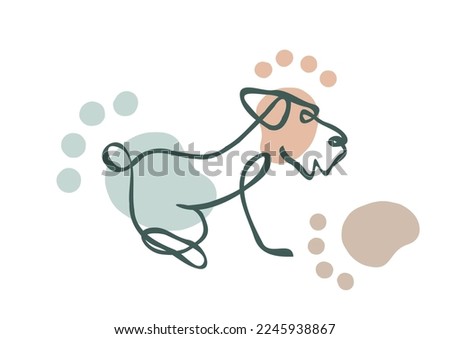 One line drawing dog with paw prints in a muted color palette. Trendy minimalistic illustration. Linear style design