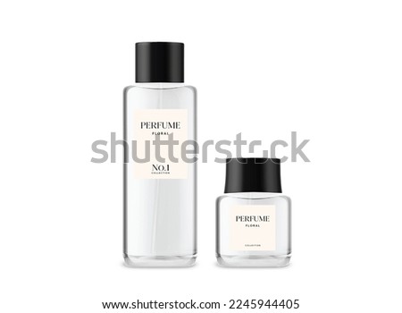 Perfume glass bottle template. Mockup of cylinder minimalist fragrance package in different volumes, with label, steel sprayer and black cap. 3d vector illustration isolated on white background