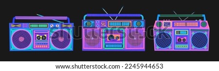 Boombox illustration. Cassette player. Retro cassette recorder. Music player. 90s style boombox vector. 1990s, 2000s technology. Nostalgia for the 90s. Royalty-Free Stock Photo #2245944653