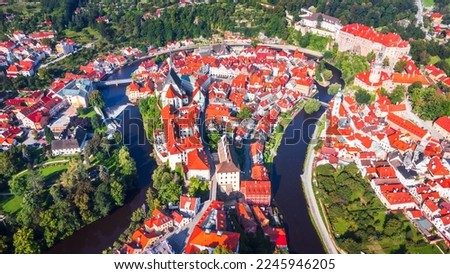 Cesky Krumlov, Czech Republic. Beautiful landscape with Vltava River and aerial view over the historical Krumlov, UNESCO heritage in Bohemia.