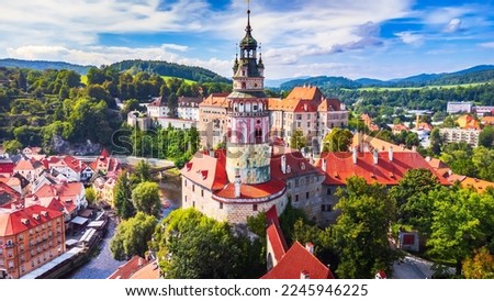 Cesky Krumlov, Czech Republic. Aerial wiew over the historical Krumlov and Vltava river, UNESCO heritage in Bohemia. Royalty-Free Stock Photo #2245946225