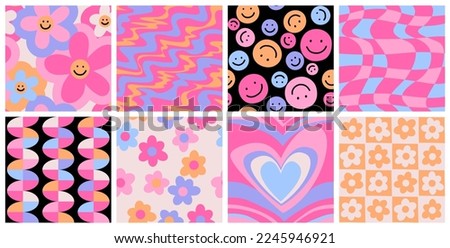 Vector set of seamless patterns in the style of the 60s, 70s, 80s. Eight colorful freehand drawings: floral, smiles, abstract lines, waves, geometry, checkerboard pattern, heart. Pastel color palette. Royalty-Free Stock Photo #2245946921
