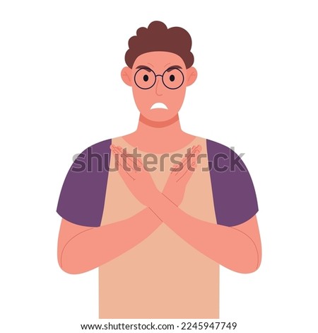 Curly young man in glasses making X shape, stop sign with hands and negative expression. Vector illustration.