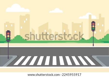 City roads with traffic lights front view illustration.