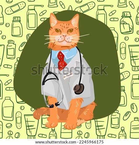 A cat in a veterinarian costume on a background of a green pattern with pills. A veterinarian named Dr. Meow treats all animals. Illustration for a postcard, banner, flyer.