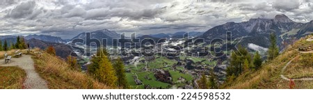 Panorama View from the Gruenstein Mountains at the sea of Kings in Berchtesgaden. Lovely Landscape Autumn Picture from the Alps in Bavaria, Germany