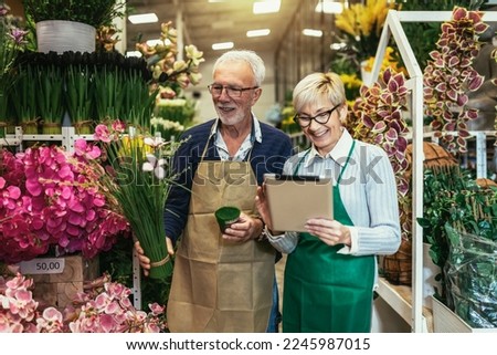 Elderly couple in own flower shop. Concept of small business. Royalty-Free Stock Photo #2245987015