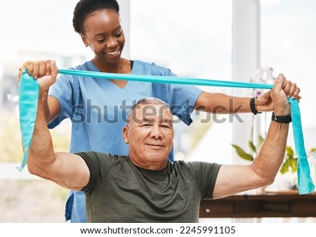 Physiotherapy support, stretching band and nurse with senior man for physical therapy, rehabilitation and healthcare help. Black woman chiropractor or physiotherapy doctor consulting elderly patient Royalty-Free Stock Photo #2245991105