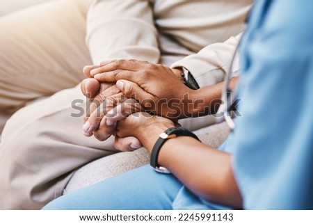 Nurse holding hands with patient in empathy, trust and support of help, advice and healthcare consulting. Kindness, counseling and medical therapy with doctor for hope, consultation and depression Royalty-Free Stock Photo #2245991143