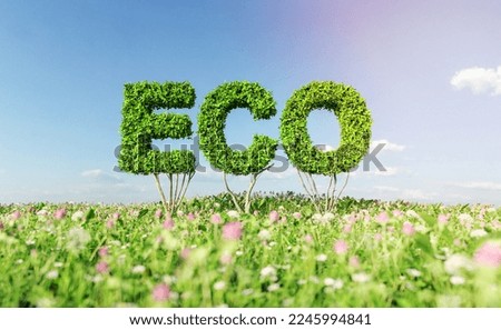 ECO sign of bushes over a field full of flowers. concept of global warming, ecologist, environment and renewable energy. 3d rendering