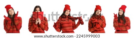 Set of stylish young woman in winter clothes on white background