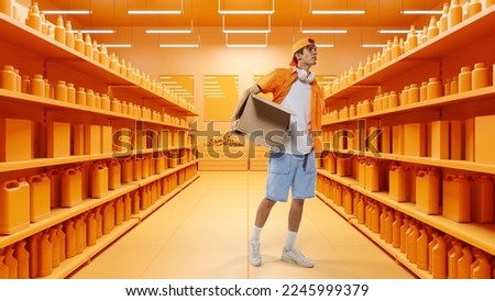 Young student in casual clothes holding cartboard box went out window shopping. Black Friday sales. 3D model of supermarket. Concept of shopping, hypermarket, purchasing. Copy space for ad Royalty-Free Stock Photo #2245999379