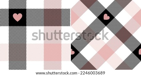 Plaid pattern for Valentines Day with love hearts in powder pink, black, white. Seamless tartan check set for scarf, pyjamas, blanket, duvet, other modern spring summer autumn winter holiday print.
