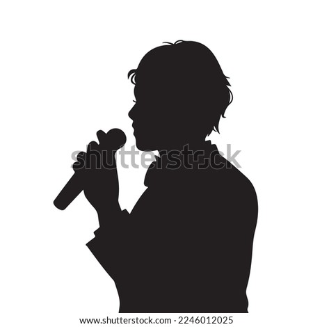 MC Master of Ceremony, announcer, or singer person character with holding mic pose gesture. Black vector illustration silhouette isolated on white background. Simple human drawing holding microphone