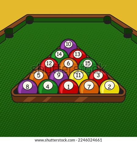 pool billiard snooker balls in triangle on billiard table pinup pop art retro vector illustration. Comic book style imitation.